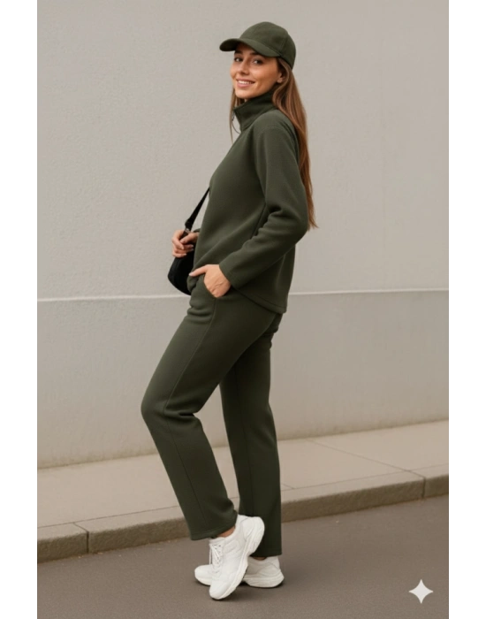 Kadın Balıkçı Yaka Fermuar Detay Polar Sweat Ve Pantolon Ikili Takım