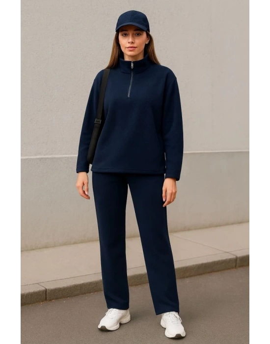 Kadın Balıkçı Yaka Fermuar Detay Polar Sweat Ve Pantolon Ikili Takım