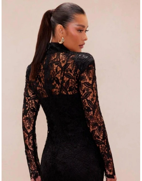 Kadın Balıkçı Yaka Full Dantel Güpür Mini Elbise