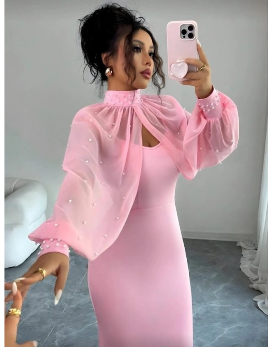 Kadın Balıkçı Yaka İnci Ve Tül Detay Dalgıç Kumaş Maxi Boy Elbise