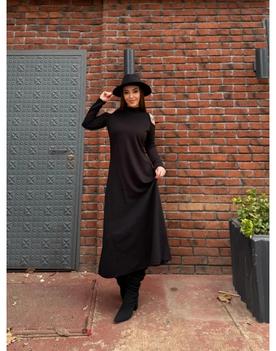 Kadın Balıkçı Yaka Omuzlardan Açık Uzun Kollu Janjan Krep Elbise