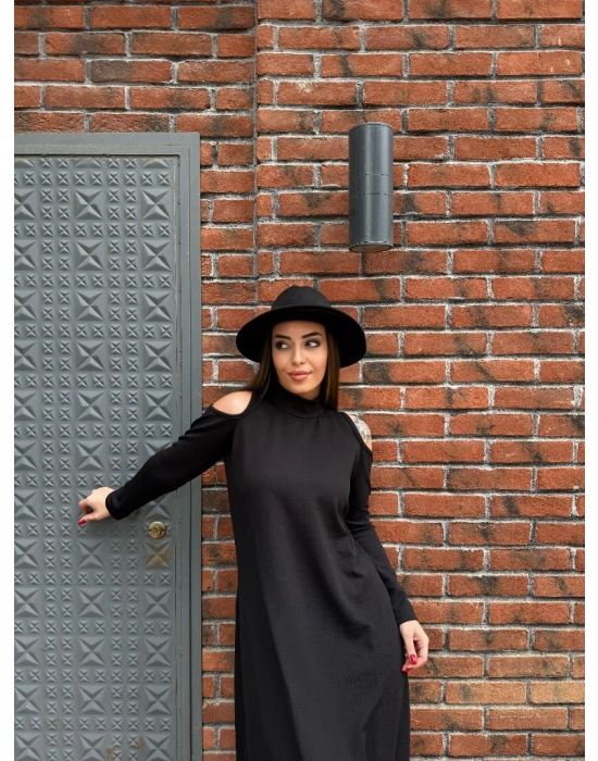 Kadın Balıkçı Yaka Omuzlardan Açık Uzun Kollu Janjan Krep Elbise