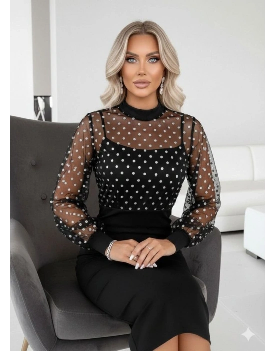 Kadın Balıkçı Yaka Puantiyeli Tül Detay Midi Boy Elbise