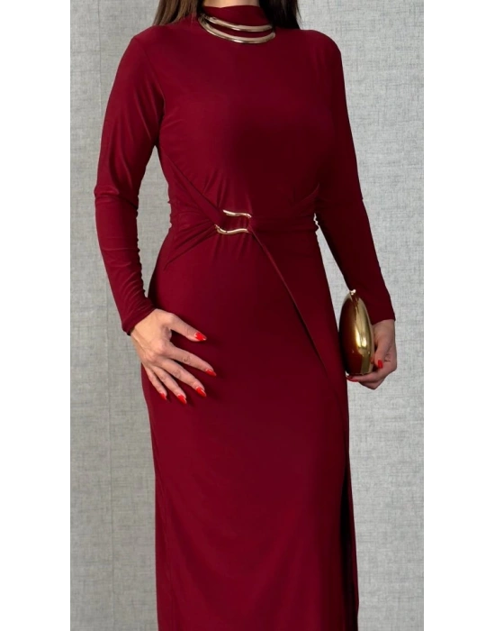 Kadın Balıkçı Yaka Toka Detay Sandy Kumaş Midi Boy Elbise