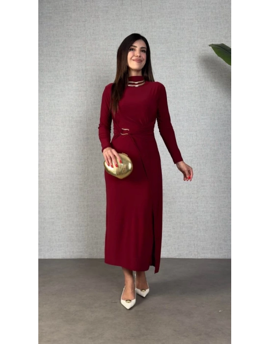 Kadın Balıkçı Yaka Toka Detay Sandy Kumaş Midi Boy Elbise