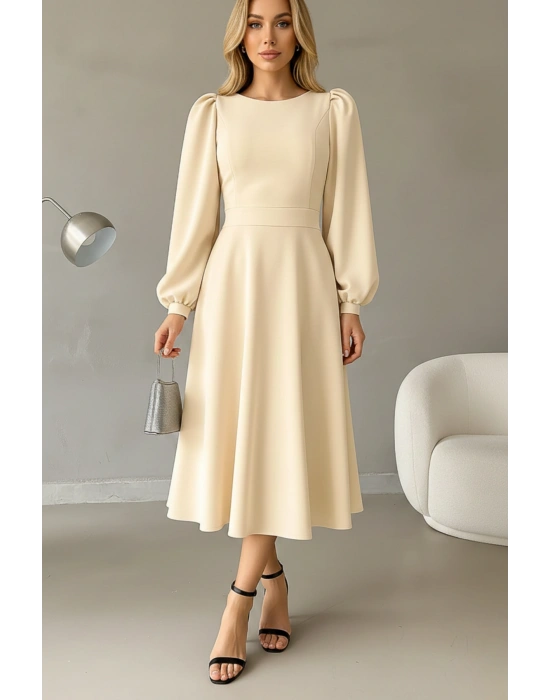 Kadın Balon Kol Midi Boy Bisiklet Yaka Krep Elbise