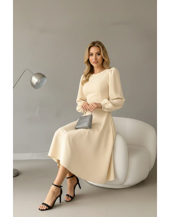 Kadın Balon Kol Midi Boy Bisiklet Yaka Krep Elbise