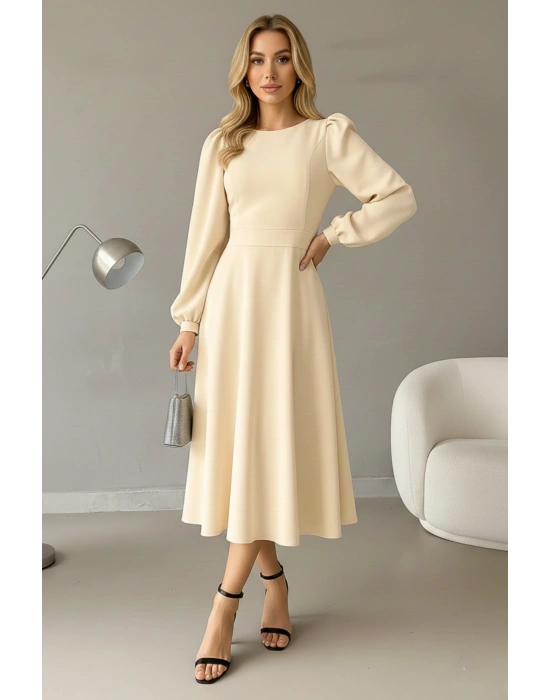 Kadın Balon Kol Midi Boy Bisiklet Yaka Krep Elbise