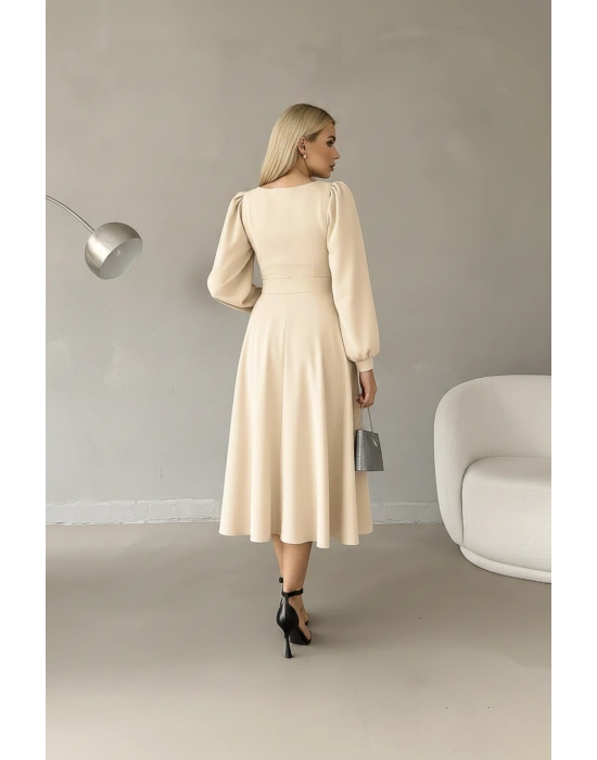 Kadın Balon Kol Midi Boy Bisiklet Yaka Krep Elbise