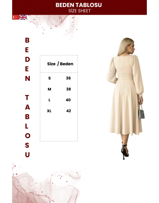 Kadın Balon Kol Midi Boy Bisiklet Yaka Krep Elbise