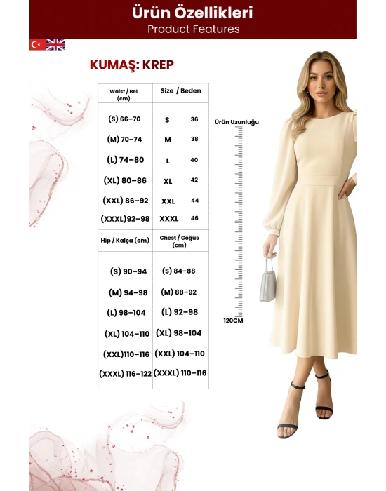 Kadın Balon Kol Midi Boy Bisiklet Yaka Krep Elbise