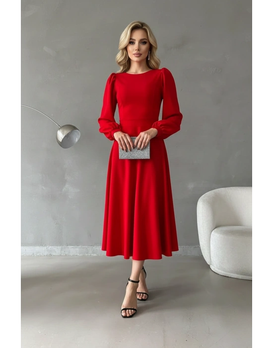 Kadın Balon Kol Midi Boy Bisiklet Yaka Krep Elbise