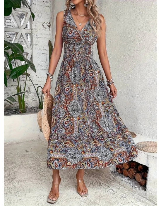 Kadın Beli Gipeli Etnik Desen Sıfır Kol Süprem Elbise