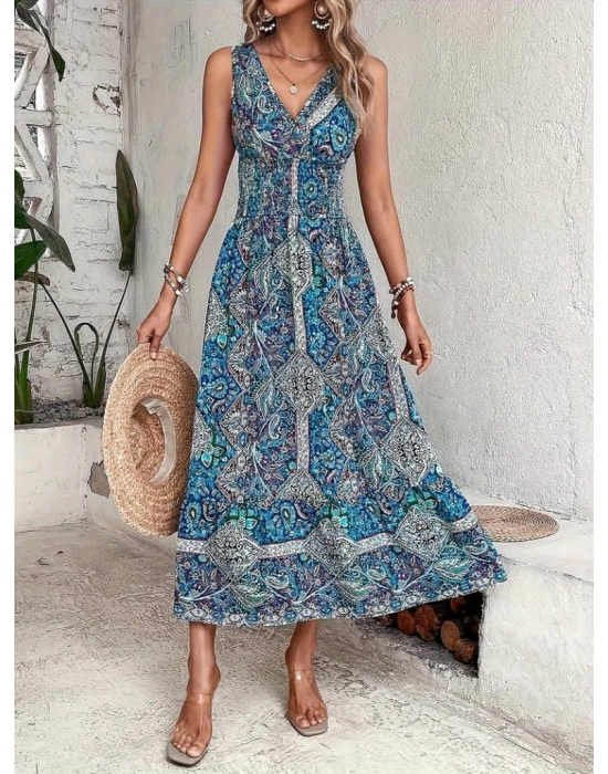 Kadın Beli Gipeli Etnik Desen Sıfır Kol Süprem Elbise