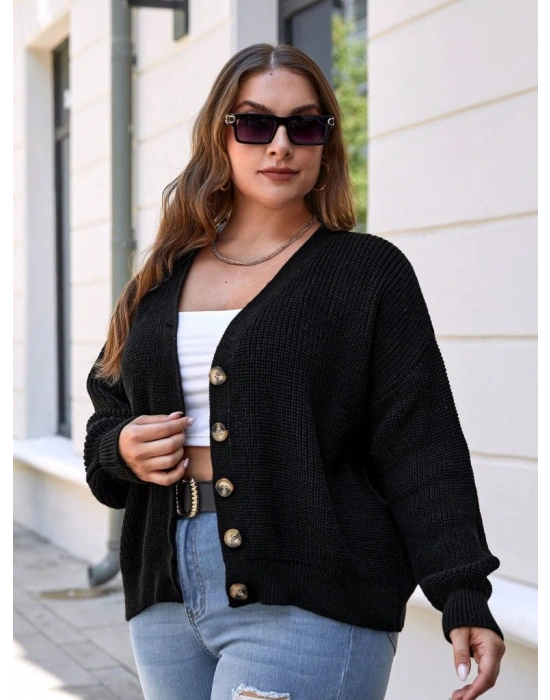 Kadın Beş Düğme Detay Büyük Beden Triko Hırka