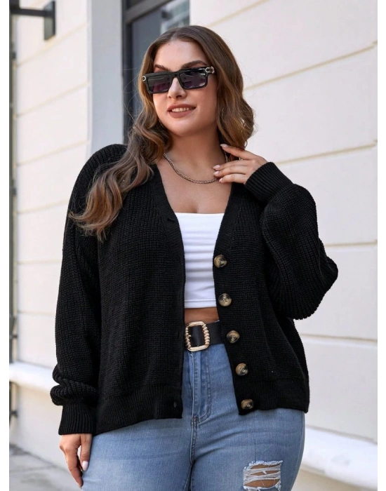 Kadın Beş Düğme Detay Büyük Beden Triko Hırka