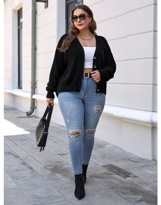 Kadın Beş Düğme Detay Büyük Beden Triko Hırka