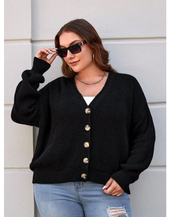 Kadın Beş Düğme Detay Büyük Beden Triko Hırka