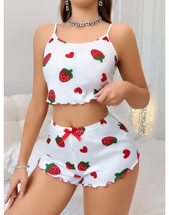 Kadın Beyaz Çilek desenli Şortlu Pijama Takımı 5053