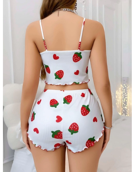Kadın Beyaz Çilek desenli Şortlu Pijama Takımı 5053