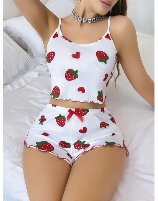 Kadın Beyaz Çilek desenli Şortlu Pijama Takımı 5053
