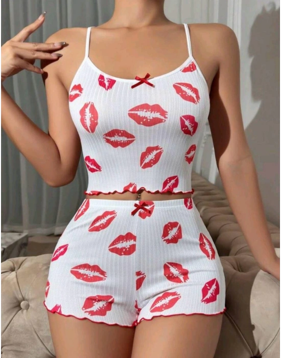 Kadın Beyaz Dudak Desenli Seksi Gecelik Takım 5021