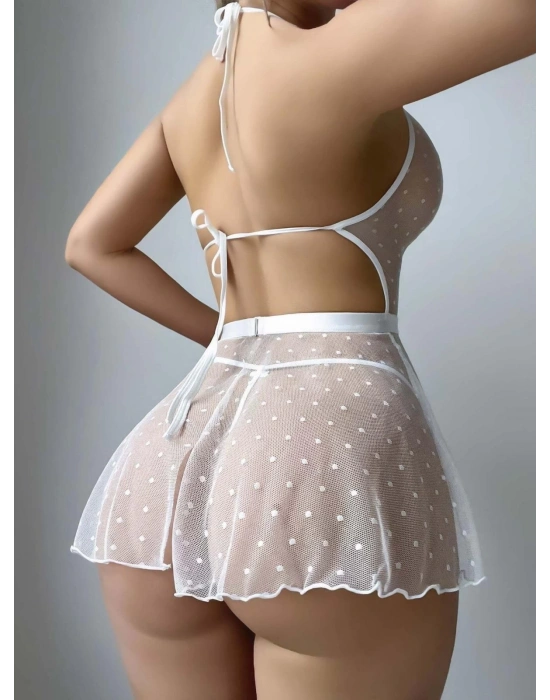 Kadın Beyaz Fantezi Gecelik Tül Nokta Desenli 2207