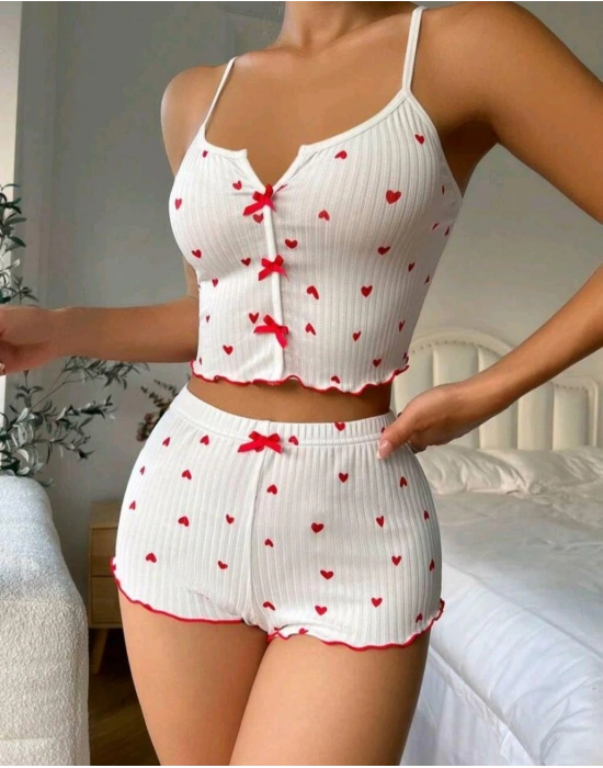 Kadın Beyaz Fiyonk Desenli Seksi Gecelik Takım 5007