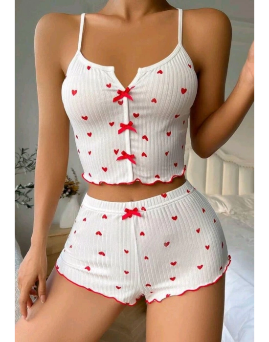 Kadın Beyaz Fiyonk Desenli Seksi Gecelik Takım 5007