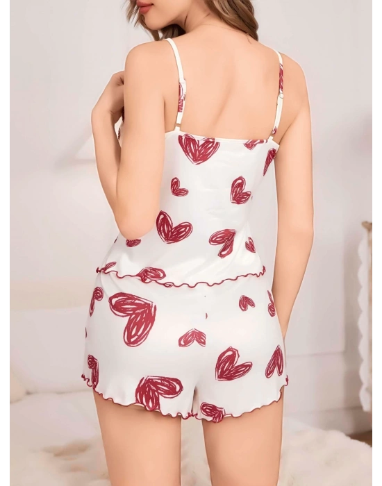 Kadın Beyaz Kalp desenli Şortlu Gecelik Pijama Takımı 5052