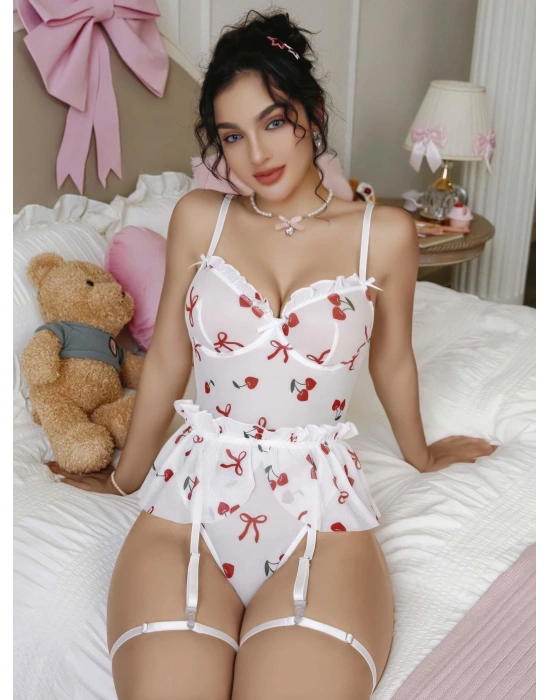 Kadın Beyaz Kiraz Desen Detaylı Fantezi Kostüm 2239