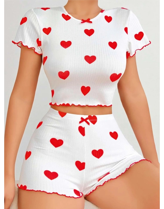 Kadın Beyaz kırmızı kalp Desenli şortlu Gecelik Takım 5023