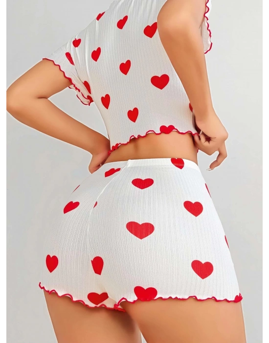 Kadın Beyaz kırmızı kalp Desenli şortlu Gecelik Takım 5023