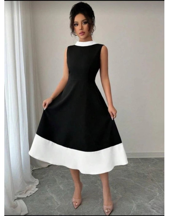 Kadın Bisiklet Yaka çift Renk çan Etek Detay Krep Kumaş Maxi Boy Elbise