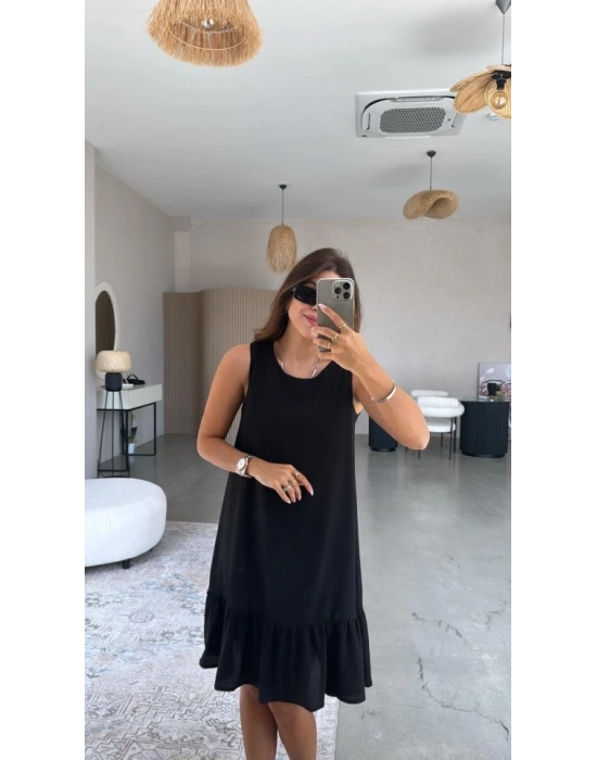 Kadın Bisiklet Yaka Eteği Volanlı Bürümcük Elbise