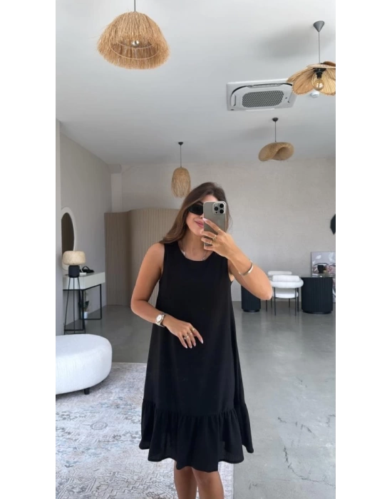 Kadın Bisiklet Yaka Eteği Volanlı Bürümcük Elbise