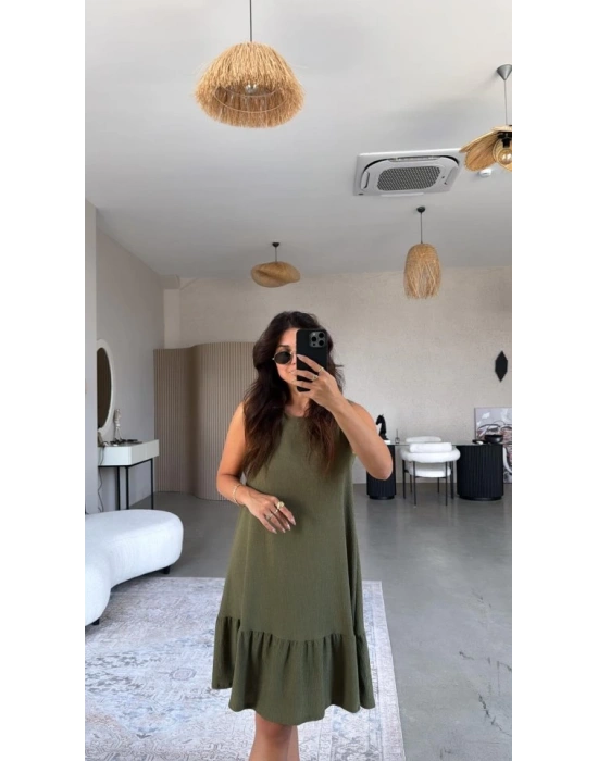 Kadın Bisiklet Yaka Eteği Volanlı Bürümcük Elbise