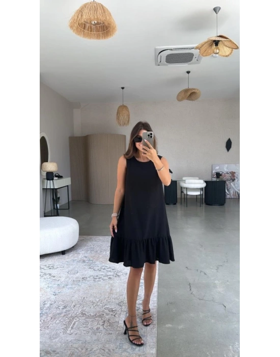 Kadın Bisiklet Yaka Eteği Volanlı Bürümcük Elbise