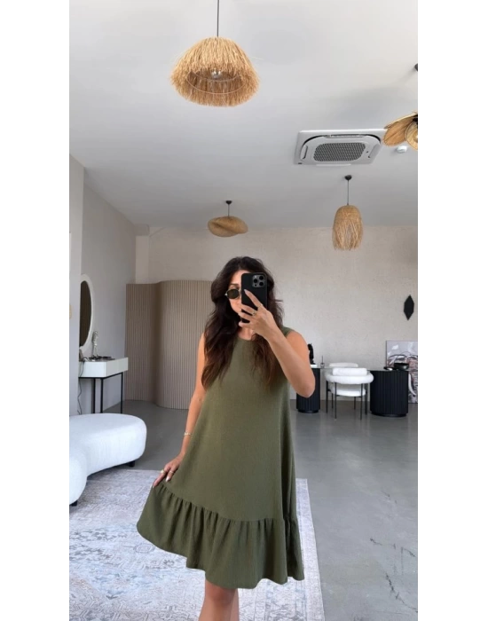 Kadın Bisiklet Yaka Eteği Volanlı Bürümcük Elbise