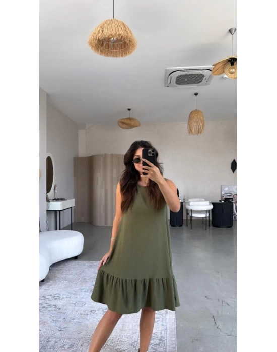 Kadın Bisiklet Yaka Eteği Volanlı Bürümcük Elbise