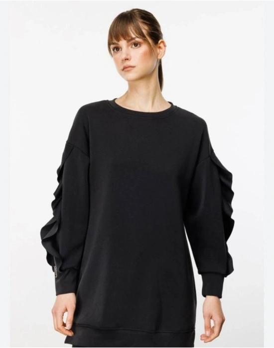 Kadın Bisiklet Yaka Kolları Volan Detay üç Iplik Kumaş Sweat