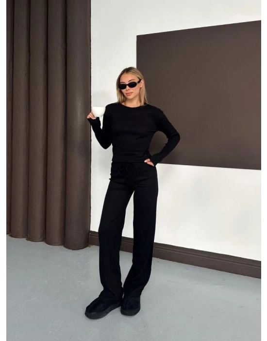 Kadın Bisiklet Yaka Parmak Geçme Detay Uzun Kollu Bluz Ve Pantolon Ikili Takım