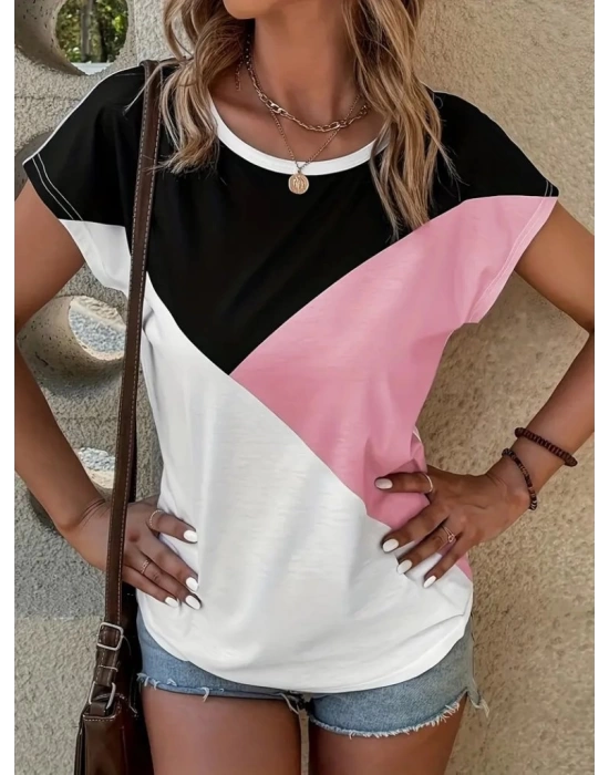 Kadın Bisiklet Yaka üç Renk Viskon T-shirt