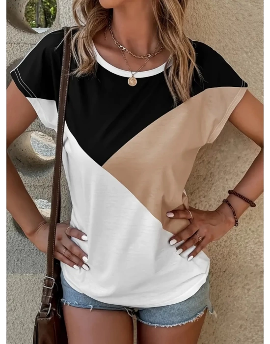 Kadın Bisiklet Yaka üç Renk Viskon T-shirt