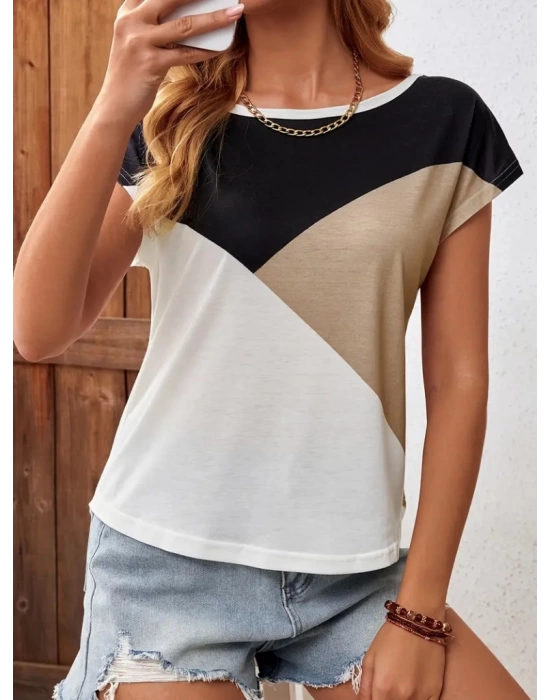 Kadın Bisiklet Yaka üç Renk Viskon T-shirt