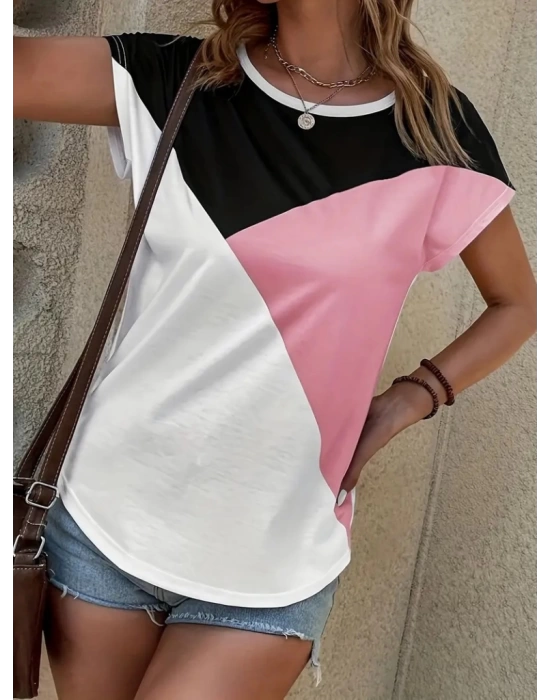 Kadın Bisiklet Yaka üç Renk Viskon T-shirt