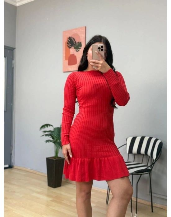 Kadın Bisiklet Yaka Uzun Kol Etek Ucu Fırfırlı Triko (polyenit) Mini Boy Elbise