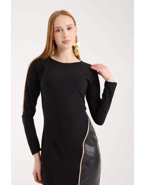 Kadın Bisiklet Yaka Uzun Kollu Deri Ve Fermuar Detay Mini Yırtmaçlı Elbise