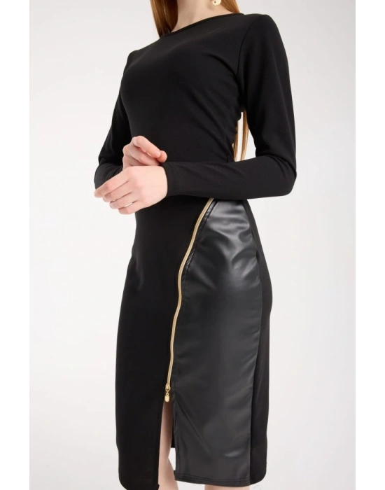 Kadın Bisiklet Yaka Uzun Kollu Deri Ve Fermuar Detay Mini Yırtmaçlı Elbise