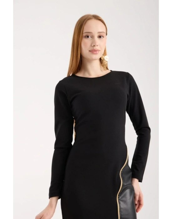 Kadın Bisiklet Yaka Uzun Kollu Deri Ve Fermuar Detay Mini Yırtmaçlı Elbise